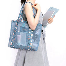 Load image into Gallery viewer, Aqua Mini Flower Design Mesh Tote Beach Bag