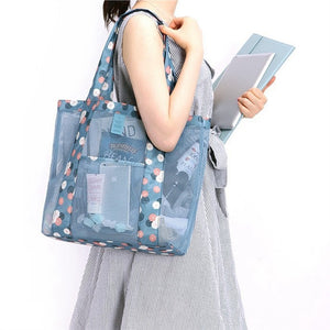 Aqua Mini Flower Design Mesh Tote Beach Bag