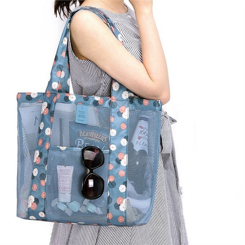 Aqua Mini Flower Design Mesh Tote Beach Bag