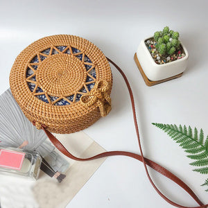 Handwoven Straw Sun Patterned Crossbody Bag